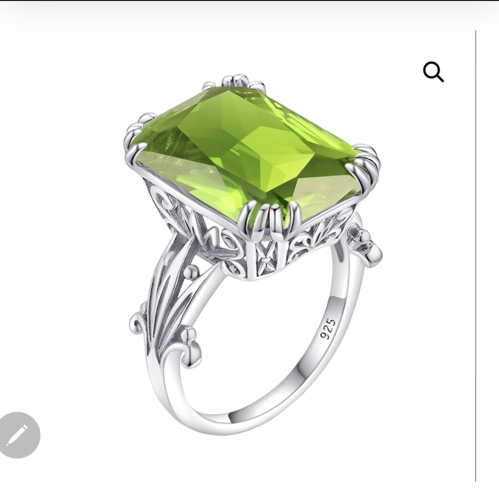 Large emerald cut peridot ring- silver